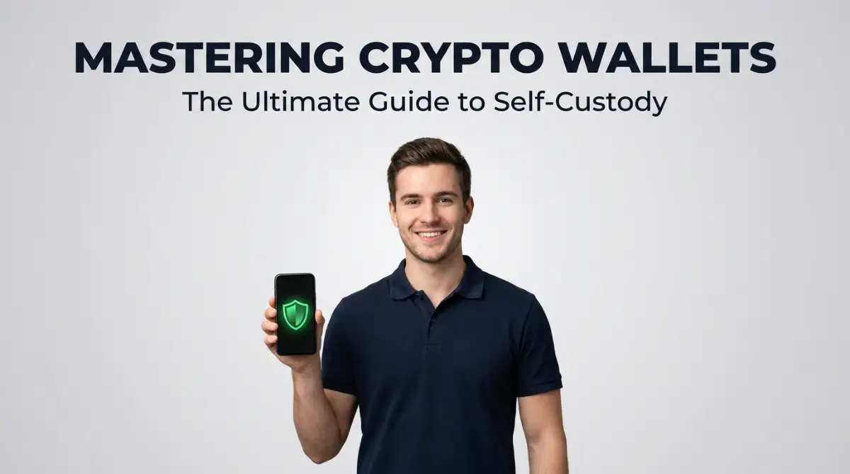 A professional male model holding a smartphone with a security icon, representing the concept of master crypto self-custody and safe digital asset management.