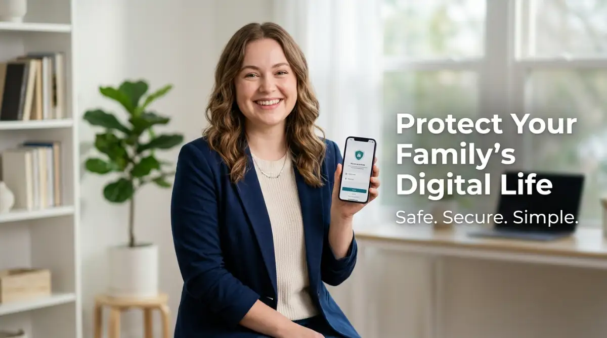A smiling woman with a round face holds a smartphone to show how easy it is to manage family passwords securely using a dedicated app.