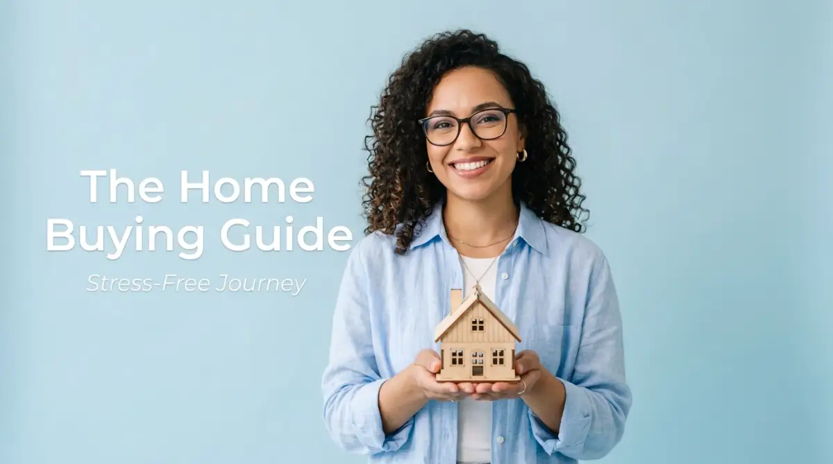 A smart young woman smiling and holding a wooden model house, representing a stress-free beginner home buying journey and real estate guide.