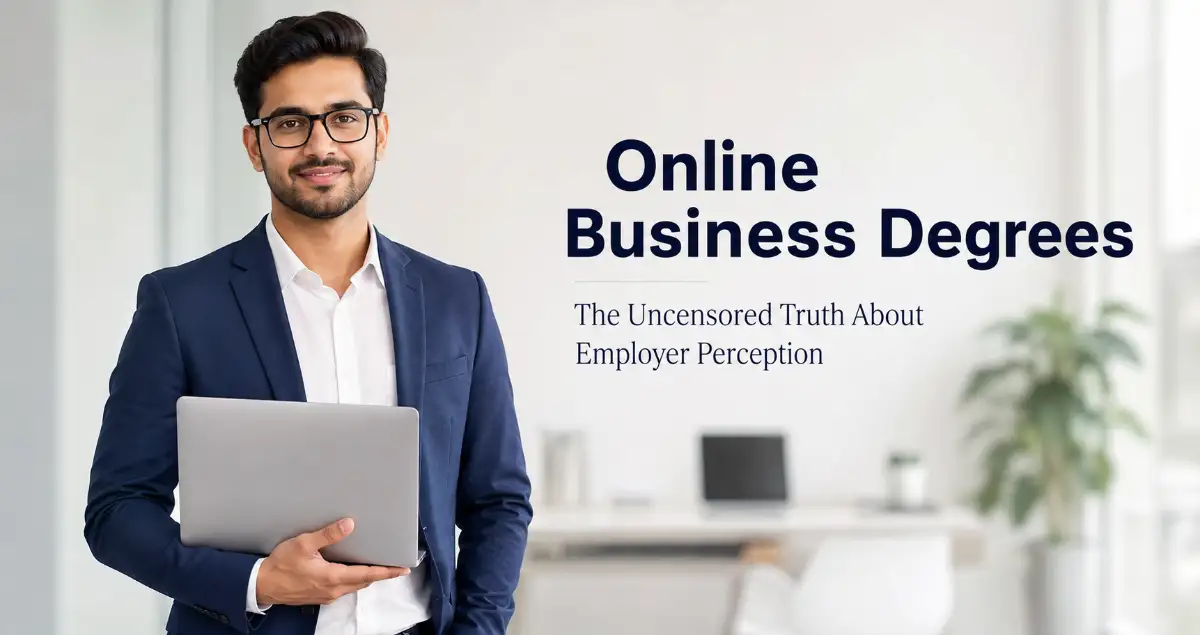A confident young professional representing the modern graduate navigating the truth about online business degrees and employer perception.