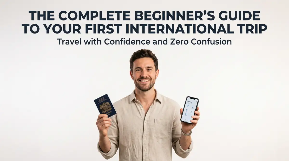 A young traveler smiling and holding a passport while planning an international trip on a laptop