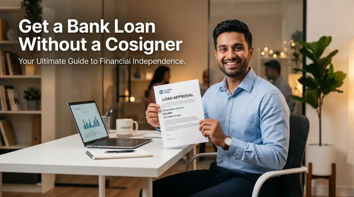 A professional man holding a tablet showing successful loan approval without needing a cosigner.