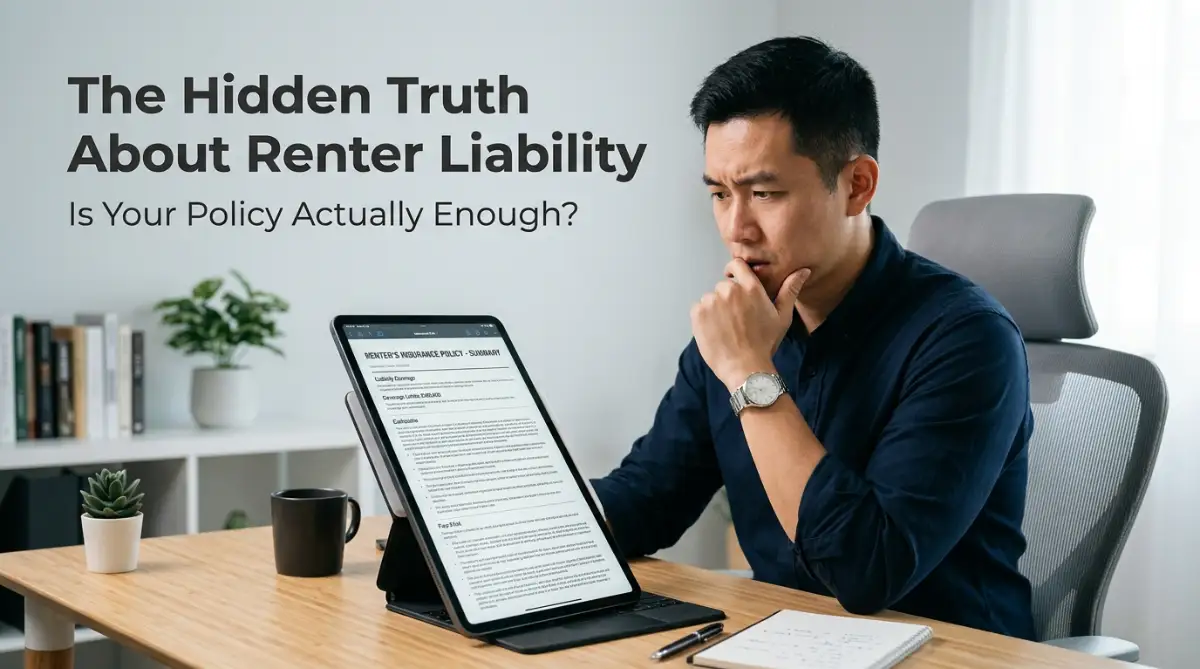 A young man carefully reviewing his renters personal liability protection limits to prevent financial loss
