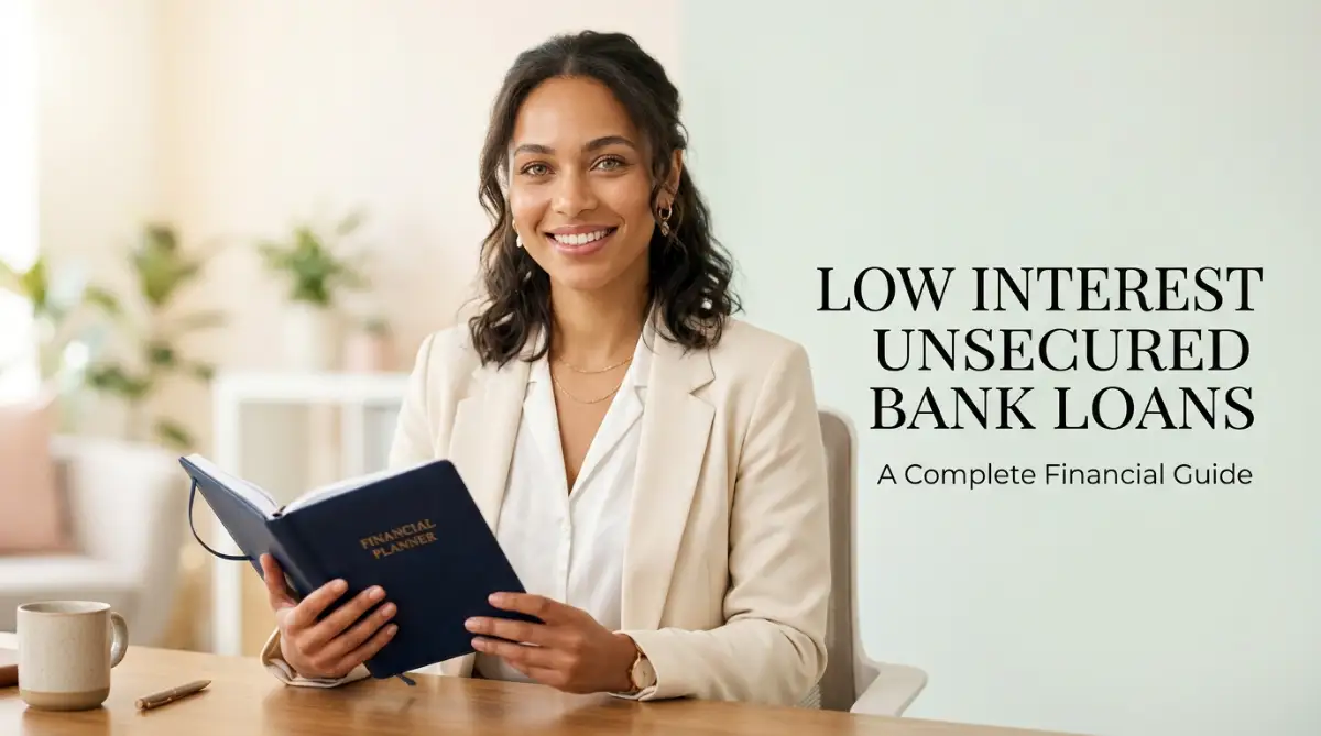 A smart young woman smiling while holding a financial planner, representing a complete guide to understanding low interest unsecured bank loans.