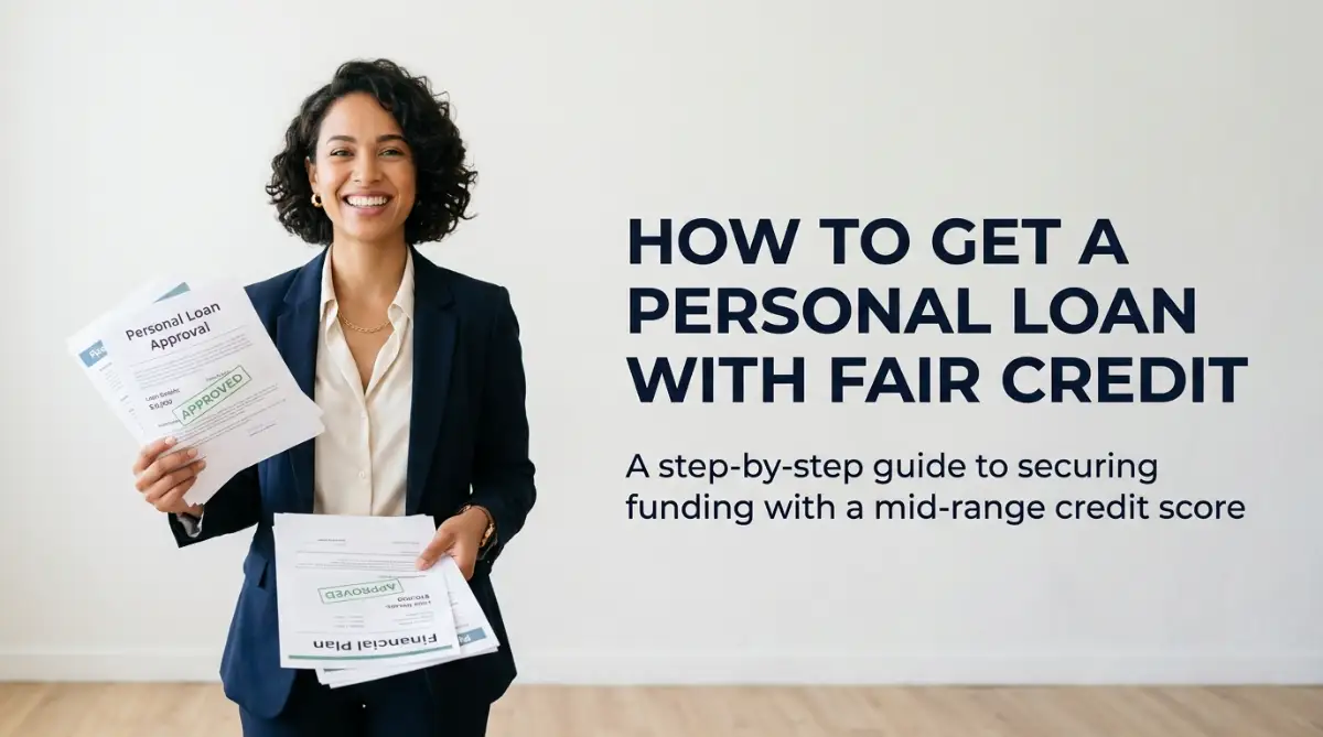 A smart young female model thinking positively about financial solutions alongside a guide on how to get a personal loan with fair credit, set against a clean studio background