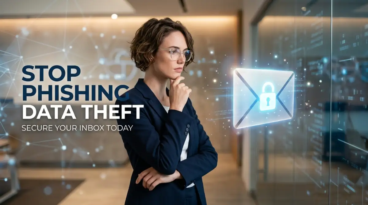 A smart young woman analyzing a secure digital email envelope, demonstrating how to stop phishing emails before they steal your data.